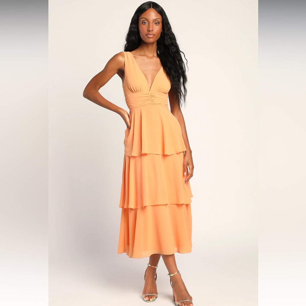 Celebration Time Light Orange Sleeveless Tiered Midi Dress -XS